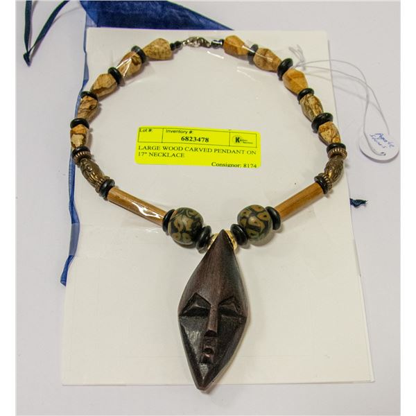 LARGE WOOD CARVED PENDANT ON 17" NECKLACE