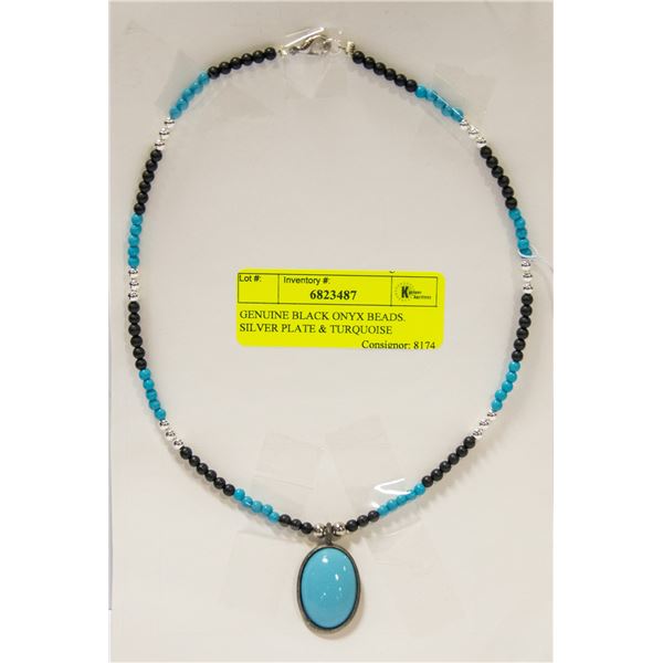 GENUINE BLACK ONYX BEADS. SILVER PLATE & TURQUOISE