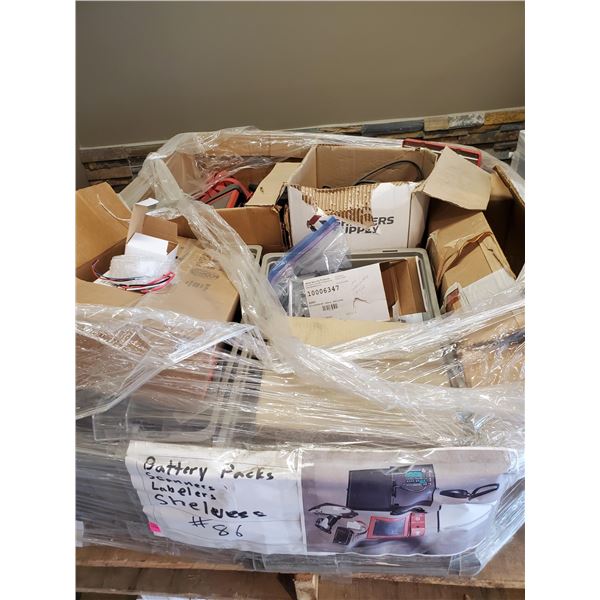 PALLET OF BATTERY SCANNERS, LABELERS & SHELVES