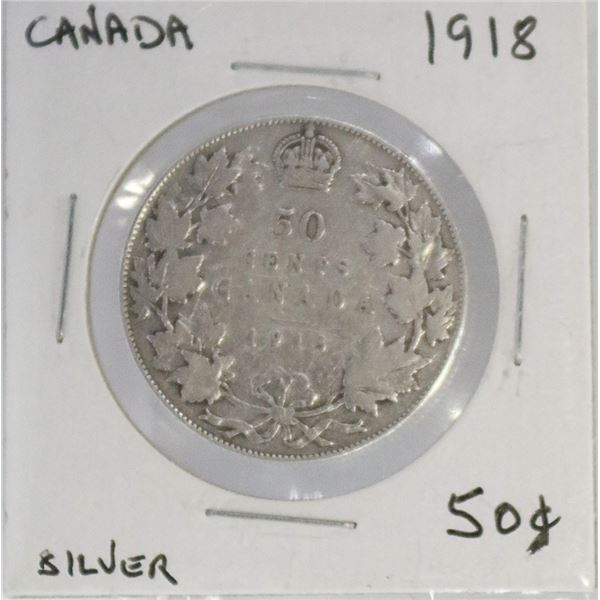 1918 CANADIAN 50 CENT SILVER COIN.
