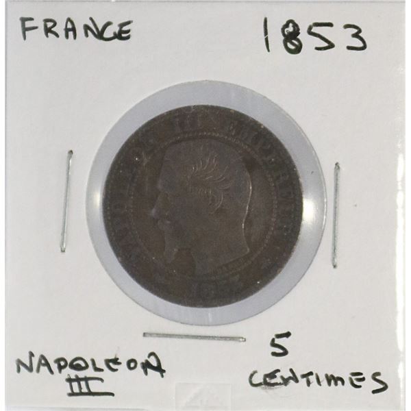 FRANCE 1853 FIVE CENTIMES BRONZE NAPOLEANIC COIN.
