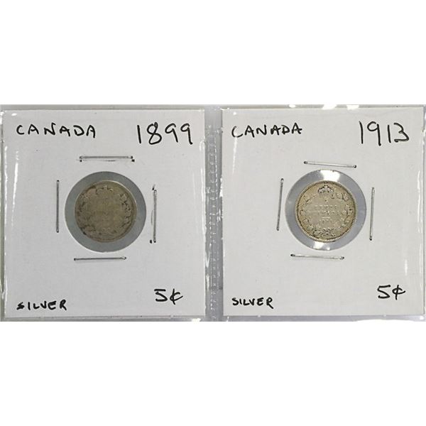 1899 AND 1913 CANADIAN FIVE CENT SILVER COINS.