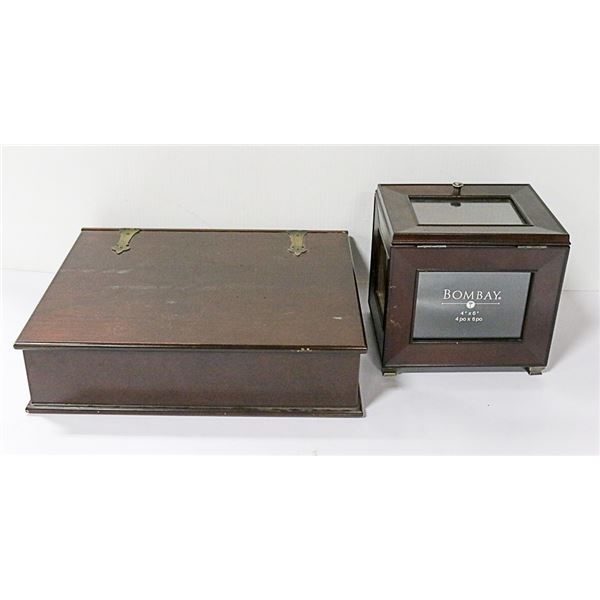 BOX OF 2 WOODEN STORAGE AND PHOTO BOX ITEMS LOT