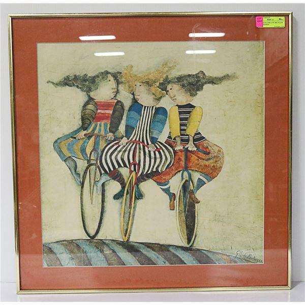 "WHIMSICAL GIRLS ON TRICYCLES" 26 X 26 FRAMED