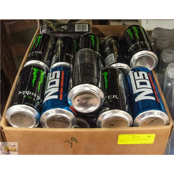 BOX WITH 39 ASSORTED ENERGY DRINKS