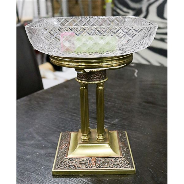 VINTAGE DECORATIVE BRASS & GLASS DISH, 8" TALL