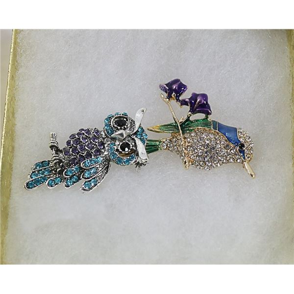 BIRD AND OWL RHINESTONE BROOCH