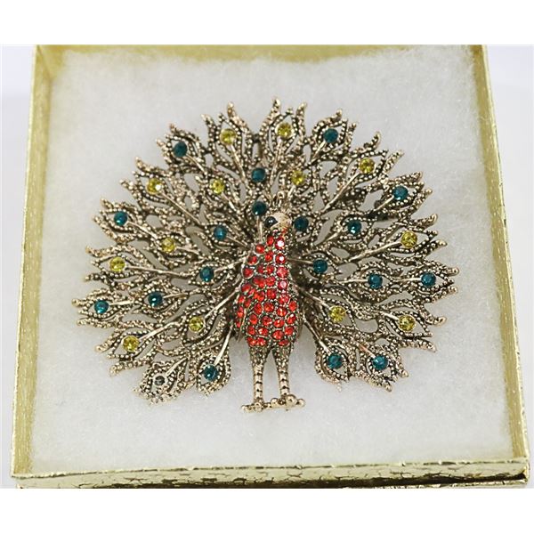 LARGE PEACOCK RHINESTONE BROOCH