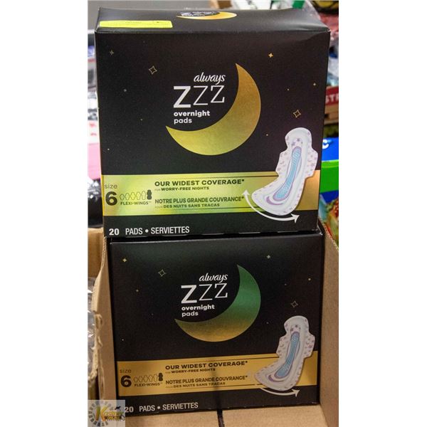 ALWAYS OVERNIGHT PADS ZZZ SIZE 6 LOT OF 2