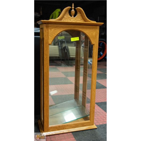 HONEY OAK CURIO CABINET WITH GLASS SHELVES