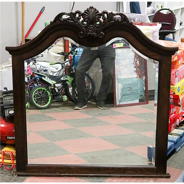 LARGE DECORATIVE DARK WOOD FRAMED BEVELED GLASS