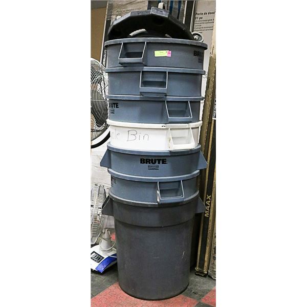 LOT OF 7 PLASTIC GARBAGE CANS WITH 1 SET OF WHEELS