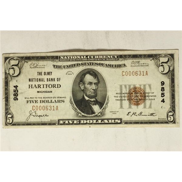 1929 $5 OLNEY NATIONAL BANK OF HARTFORD, MICHIGAN