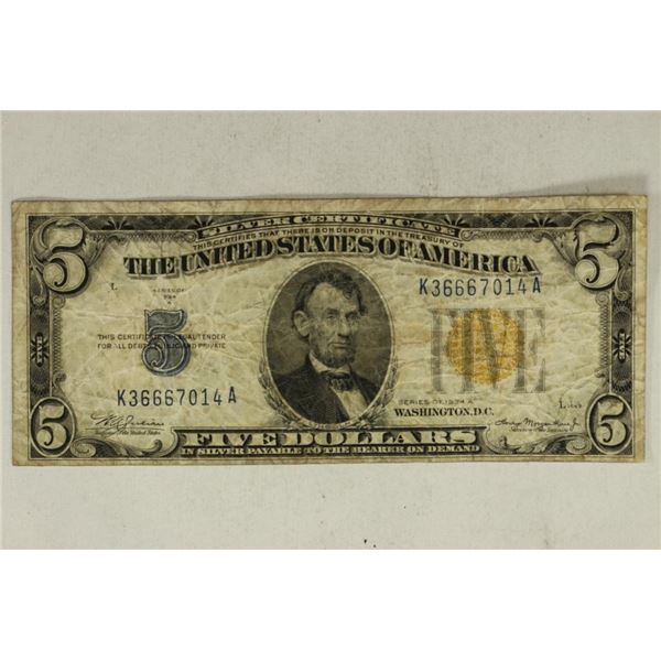 1934-A $5 SILVER CERTIFICATE NORTH AFRICA YELLOW