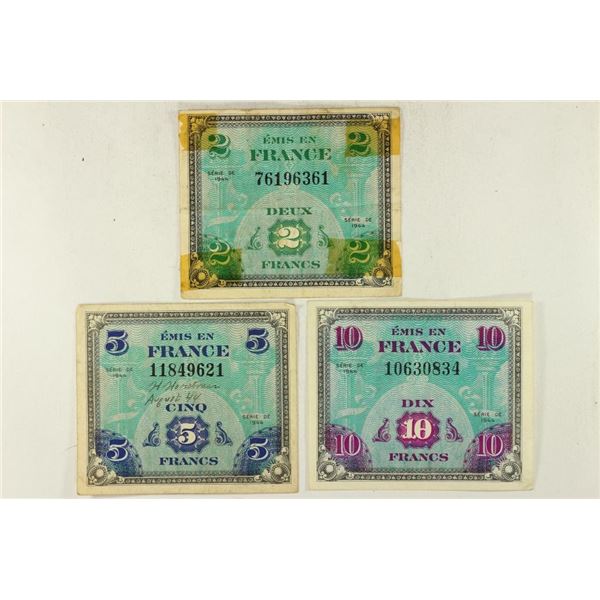 SERIES 1944 FRANCE 2, 5 & 10 FRANCS MILITARY