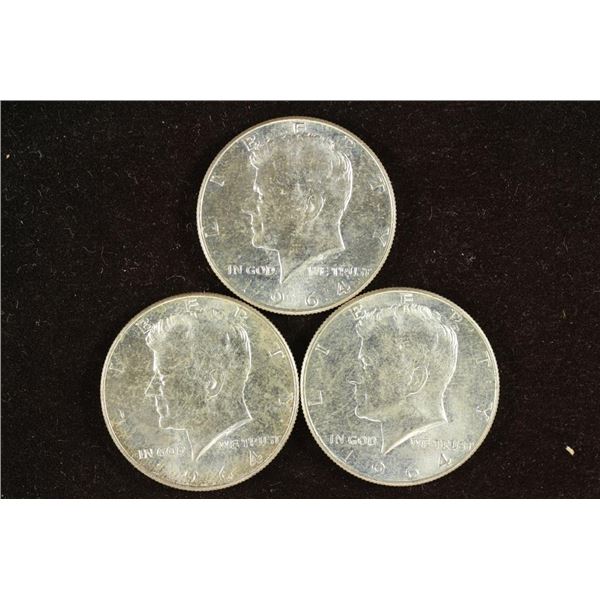 3-1964 90% SILVER KENNEDY HALF DOLLARS BU