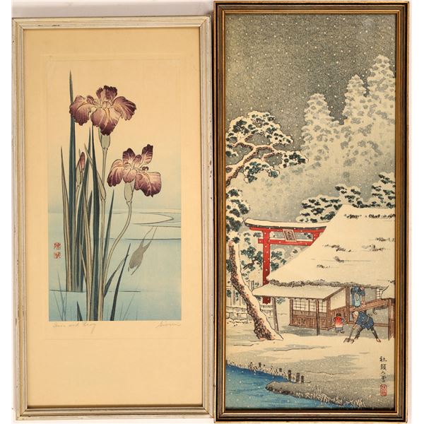 Japanese Woodblock  Prints "Iris and Frog" by Gyosui and Family in Snow (Lot of 2)  [131933]