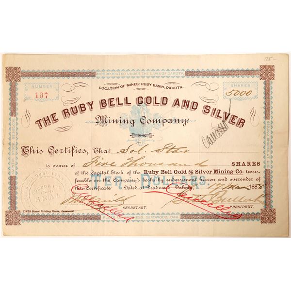 Seth Bullock signature on Ruby Bell Gold and Silver Mining Company Stock.   [130178]