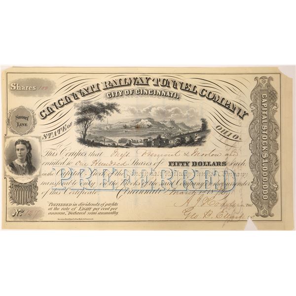 Cincinnati Railway Tunnel Company Stock with a John C Fremont Autograph on Reverse  [130066]