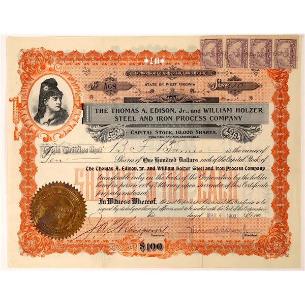 Edison Jr. Signed Steel Processing Company Stock Certificate  [128269]