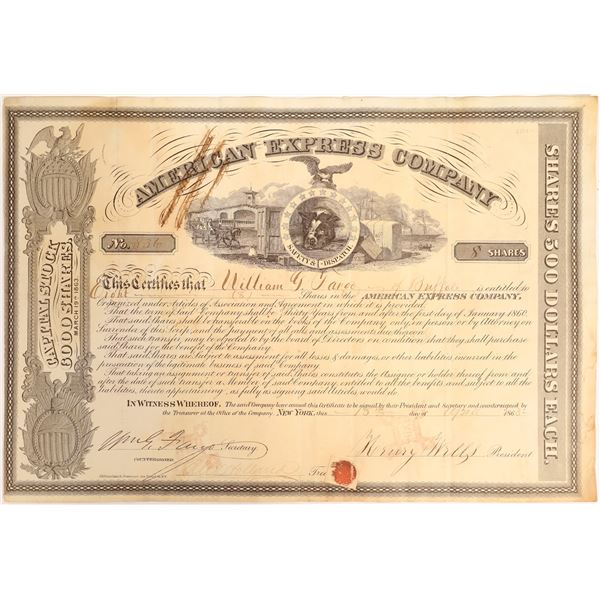 American Express stock certificate issued to William G Fargo, signed by Wells and Fargo.   [132702]