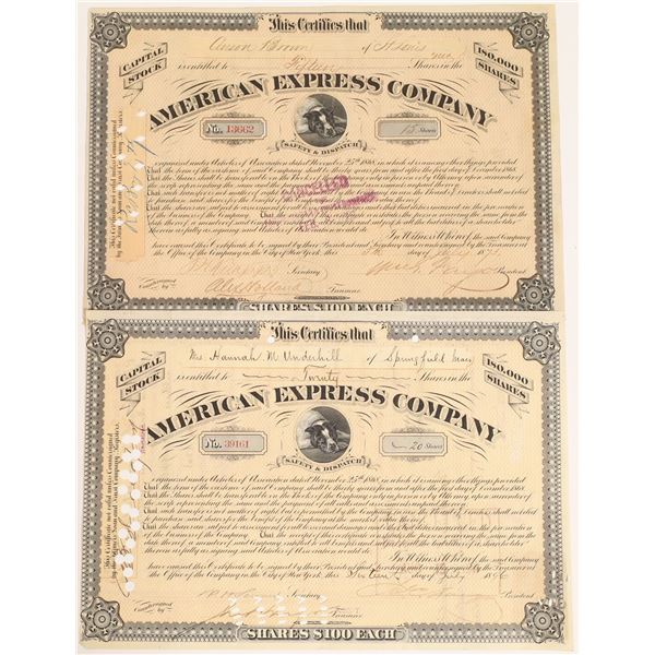 American Express stock certificates, type VIII, two different variants, one signed by William Fargo,