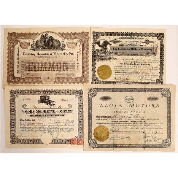 Four early 1900’s Automobile Stocks: Duesenberg, Woods, Elgin, Columbia  [130164]