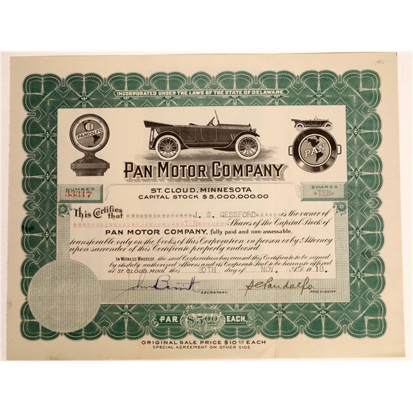 Pan Motor Company Stock Certificate With Auto Vignette, 1918  [111857]