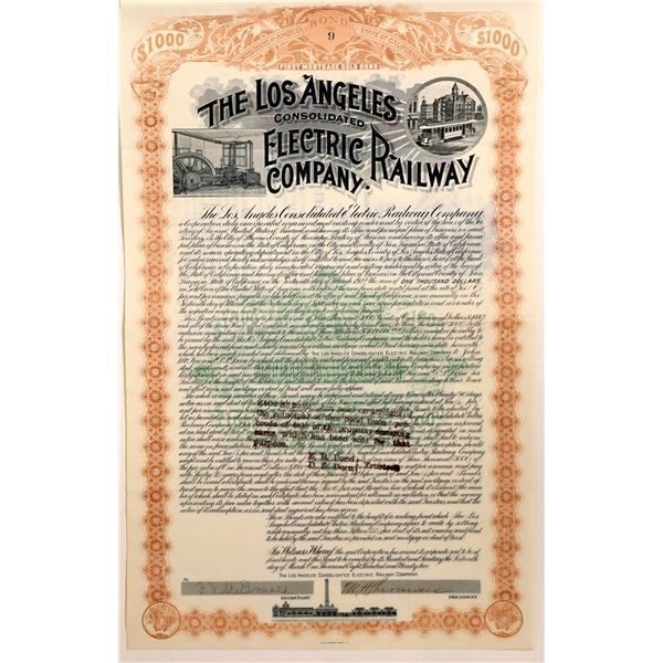 Los Angeles Cons. Electric Railway Bond Signed by Sherman (Sherman Oaks), 1892  [111882]