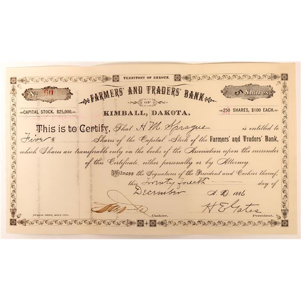 Farmer's & Trader's Bank of Kimball, Dakota Stock, D.T. 1886  [118582]