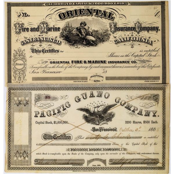 Two San Francisco Stock Certificates: Pacific Guano Co. and Oriental Insurance Co.  [135408]