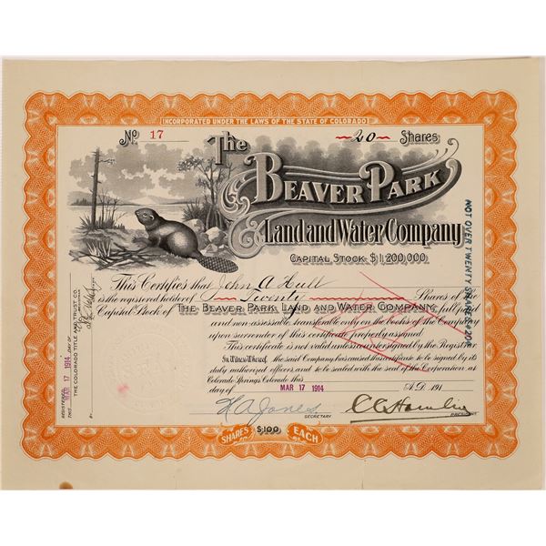 Beaver Park Land & Water Company Stock Certificate  [135435]