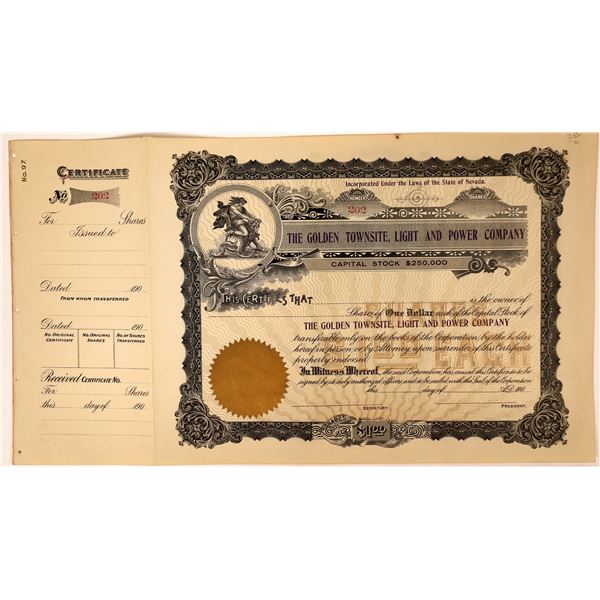 Golden Townsite, Light and Power Company Nev. Ghost Town Stock Certificate  [127973]