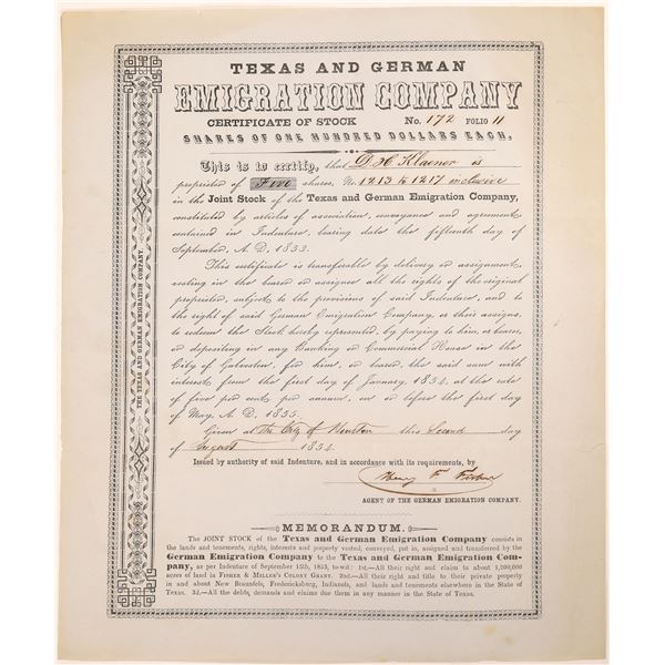 Texas & German Emigration Company Stock Certificate  [134148]