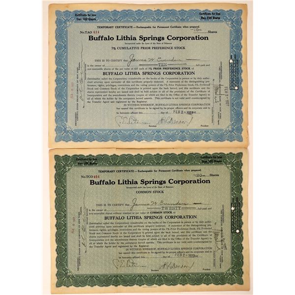 Buffalo Lithia Springs Corporation Stock Certificates (2)  [127970]