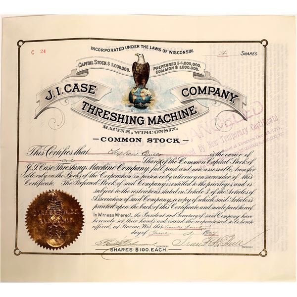 J.I. Case Threshing Machine Stock Certificate, Racine, Wisc. 1907  [111880]