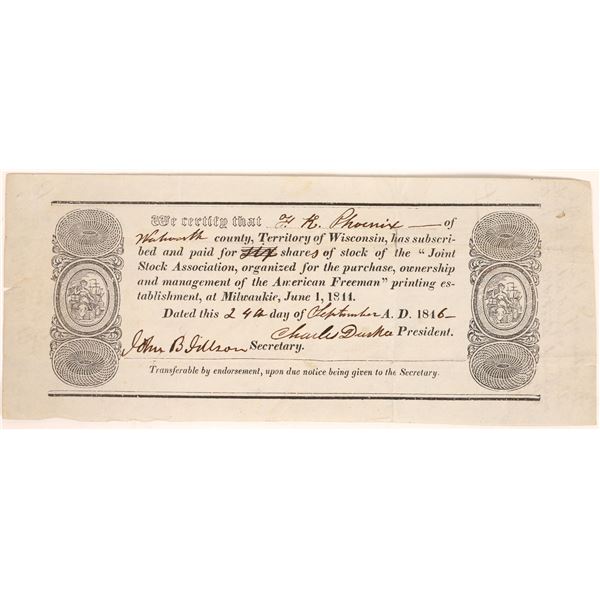 American Freeman (Anti-Slavery Newspaper) Stock Certificate  [134145]