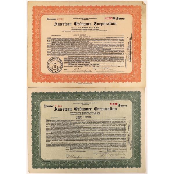 American Ordnance Corporation Stock Certs (2)  [129758]