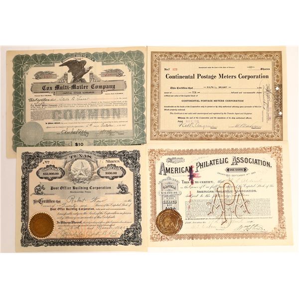 Postal Philatelic Association Companies' Stock Certificates (4)  [127980]