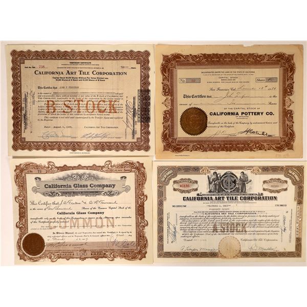 Pottery Art Tile Glass Companies' Stock Certificates (4)  [127966]