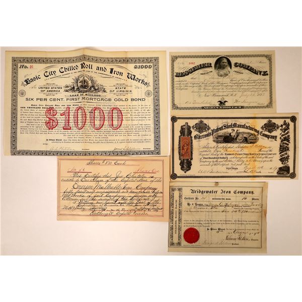 Pre-1900 Steel and Iron Companies Stock Certificates & Bond (5)  [127603]