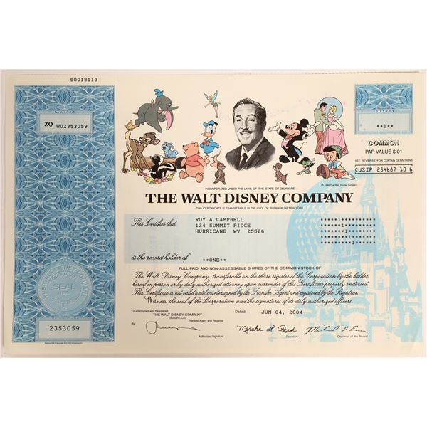 Walt Disney Stock Certificate with the Entire Disney Cast in Color 130170 Walt Disney Stock Certificate with the Entire Disney Cast in Color 130170