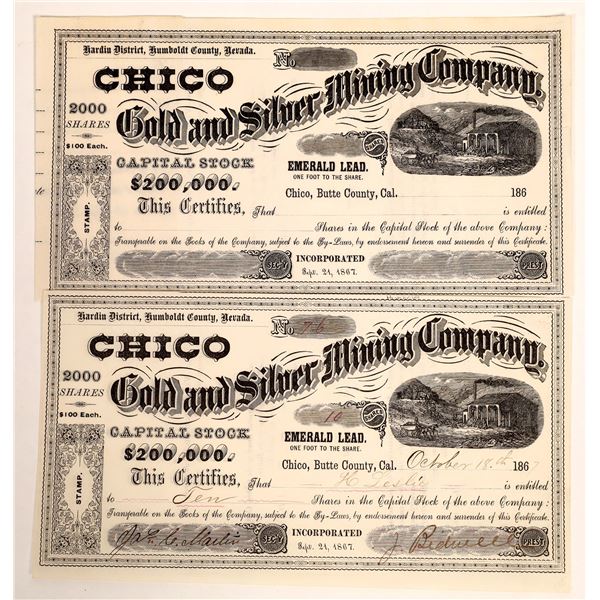 Chico Gold and Silver Mining Company Stock Certificate Signed by Bidwell  [132086]