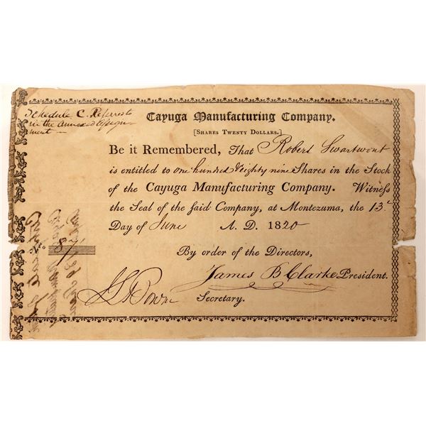 Cayuga Manufacturing Company 1820 Stock Certificate  [127615]