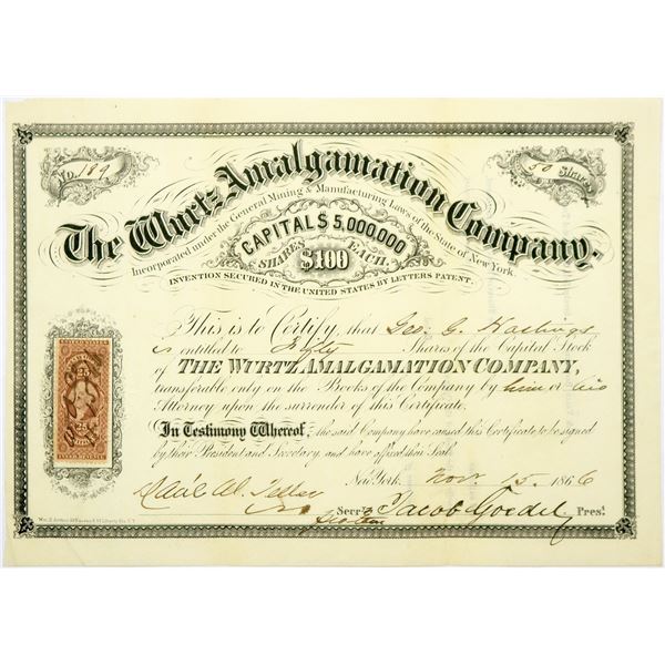 Wurtz Amalgamation Company Stock Certificate, New York, 1866  [118719]