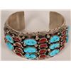 Image 1 : Vintage Sterling Silver Turquoise and Coral Cluster Cuff  [135315]