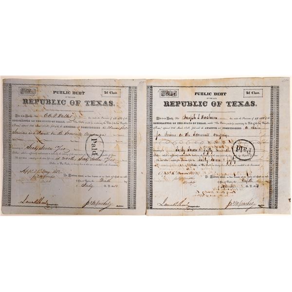 Republic of Texas class 2d Debt Relief issued to OHP Walker and Joseph F Worsham  [130161]