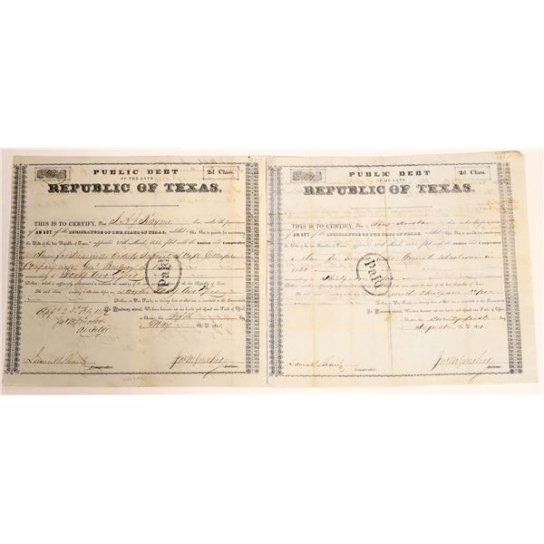 Republic of Texas class 2d Debt Relief issued to SAJ Haynie and James Houston under General Burleson