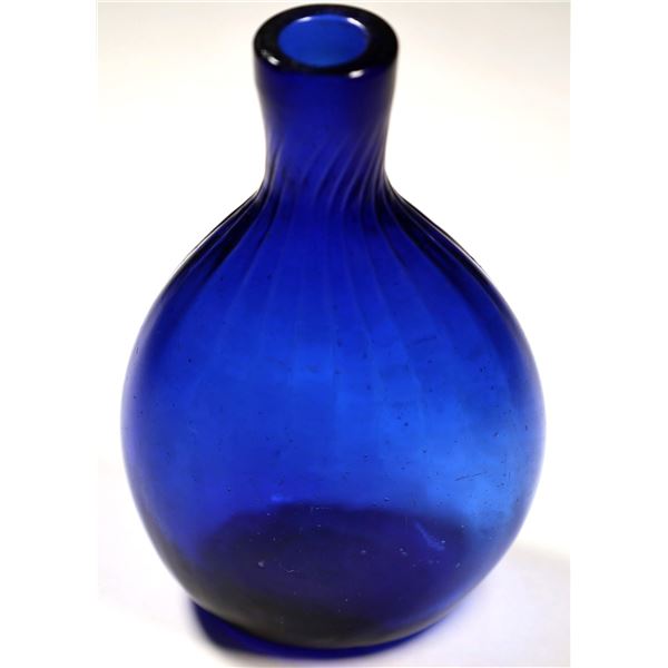 Small Cobalt Blue, Vertical Ribbed, Open Pontil Historical Flask  [132322]