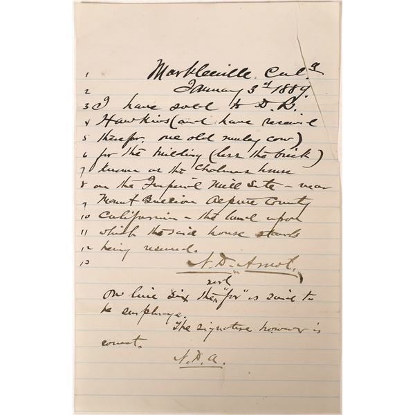 Handwritten Property Transfer 1889 Markleville  [129328]